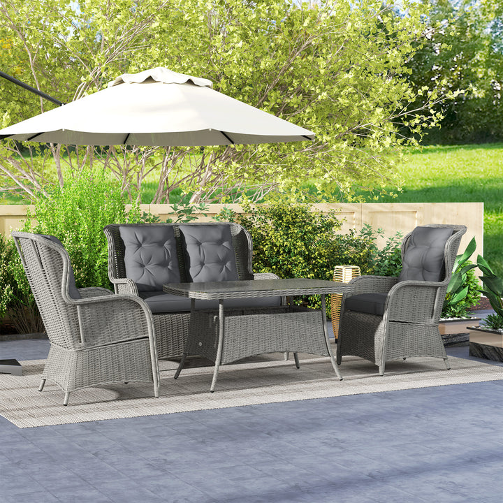Garden PE Rattan Dining Sofa Set, Outdoor 4 Seater Wicker Furniture, High Back Chairs with Cushions, Tempered Glass Coffee Table for Patio, Light Grey