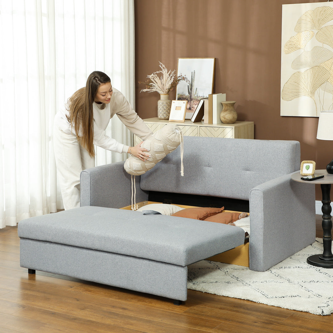 2 Seater Sofa Bed, Convertible Bed Settee, Modern Linen Loveseat Sofa Couch with 2 Cushions, Hidden Storage for Living Room, Guest Room, Light Grey