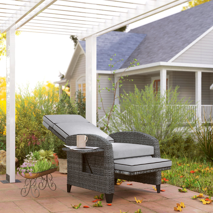 Outdoor Recliner Chair with Adjustable Backrest and Footrest, Cushion, Side Tray, Light Grey/Grey
