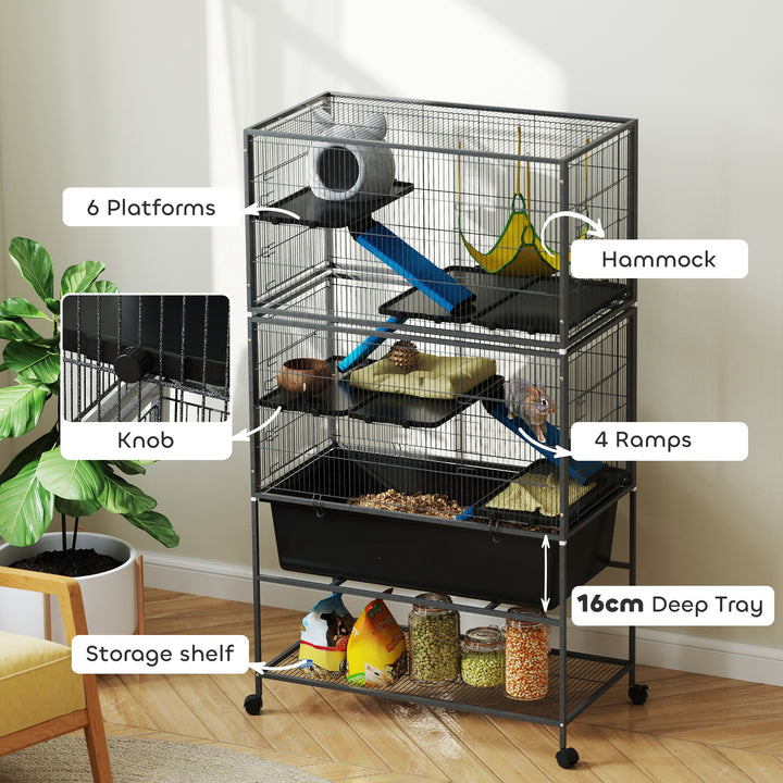 5 Levels Rolling Small Animal Cage with Non Slip Ramps, Slide Out 16cm Deep Tray, 88 x 48 x 150.5cm, Dark Grey