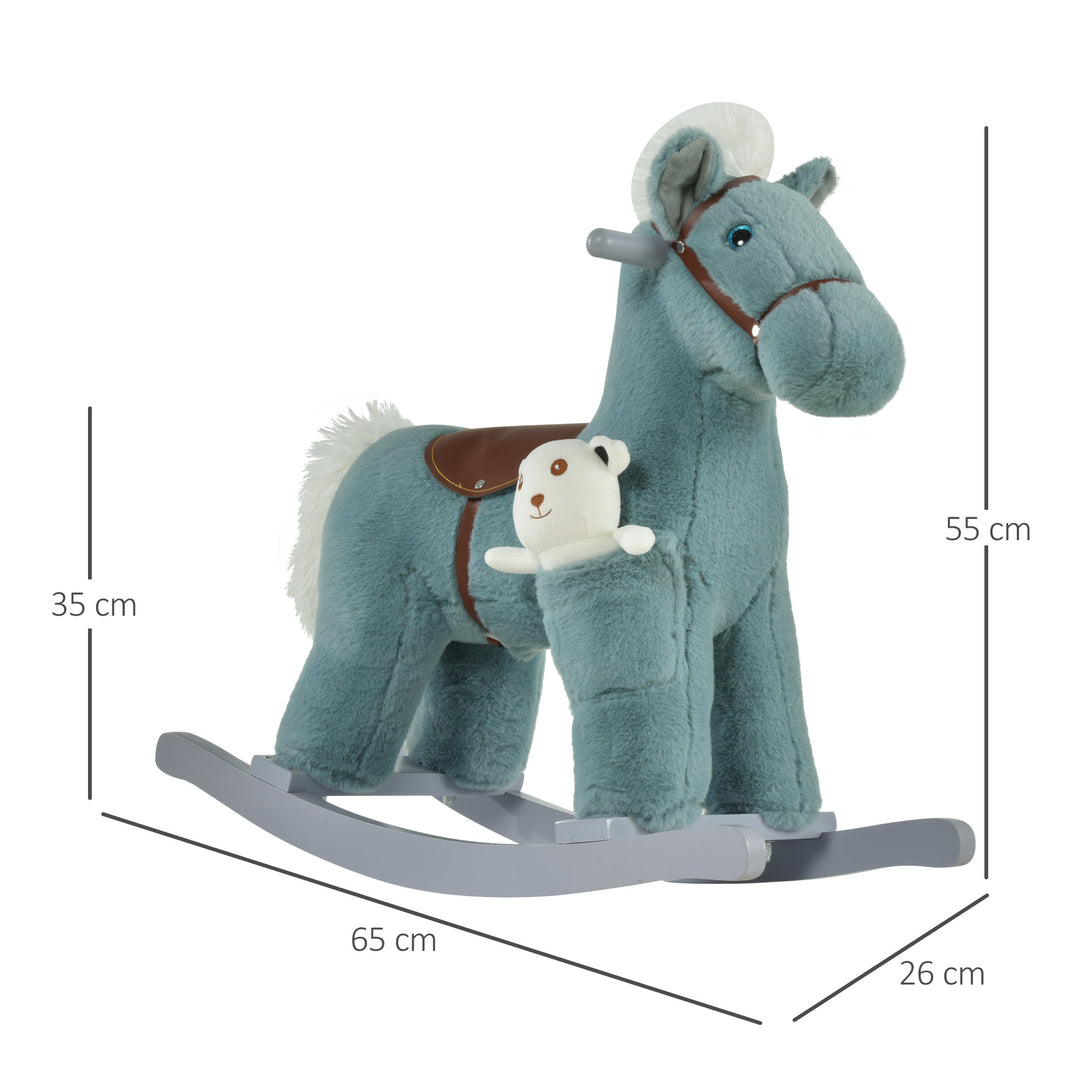 HOMCOM Baby Wooden Rocking Horse with Plush Toy Realistic Sounds, Kids Plush Ride-On Rocking Horse Toy for Child 18-36 Months, Blue