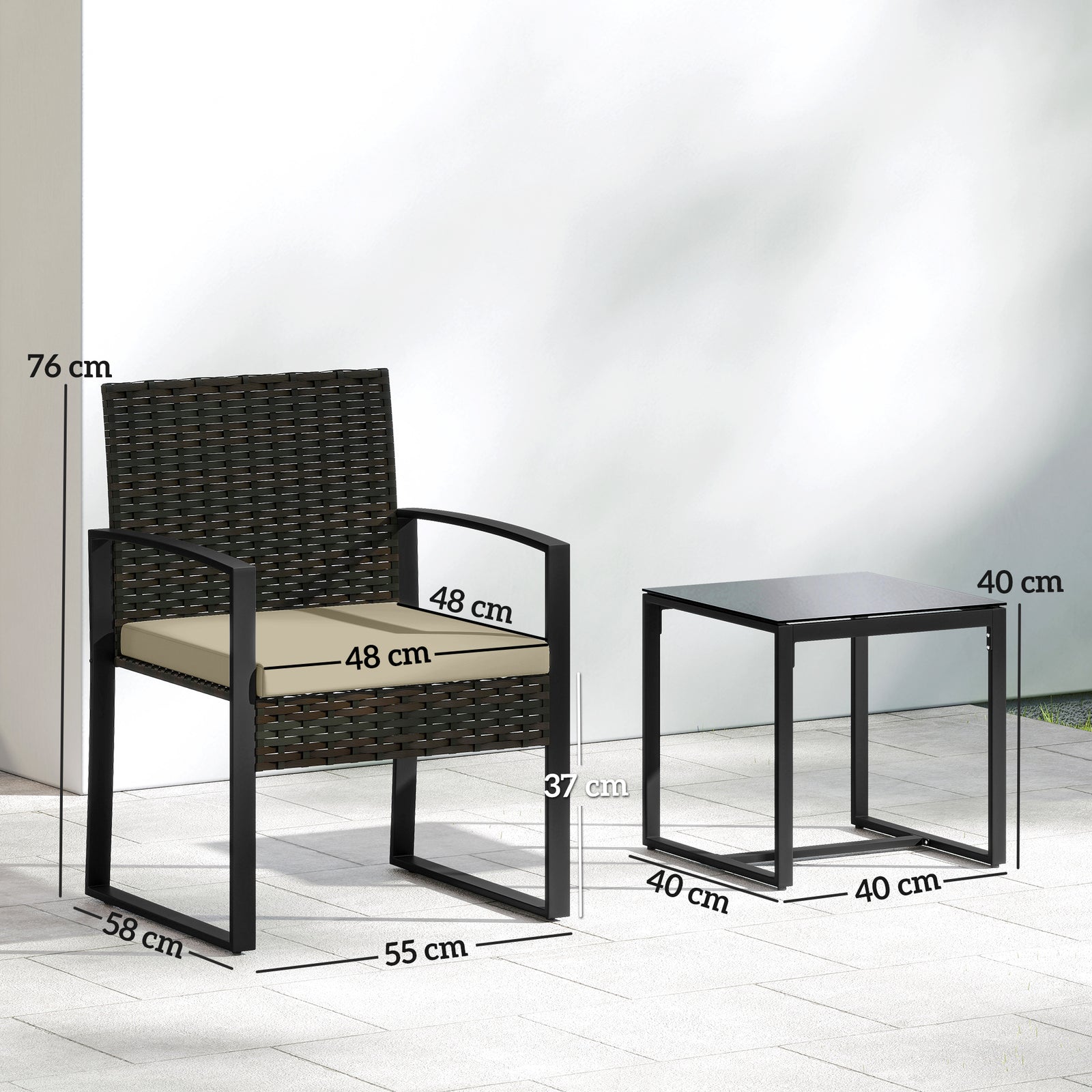 Rattan Bistro Set, 3 Piece Garden Furniture Set with Glass Top Table a