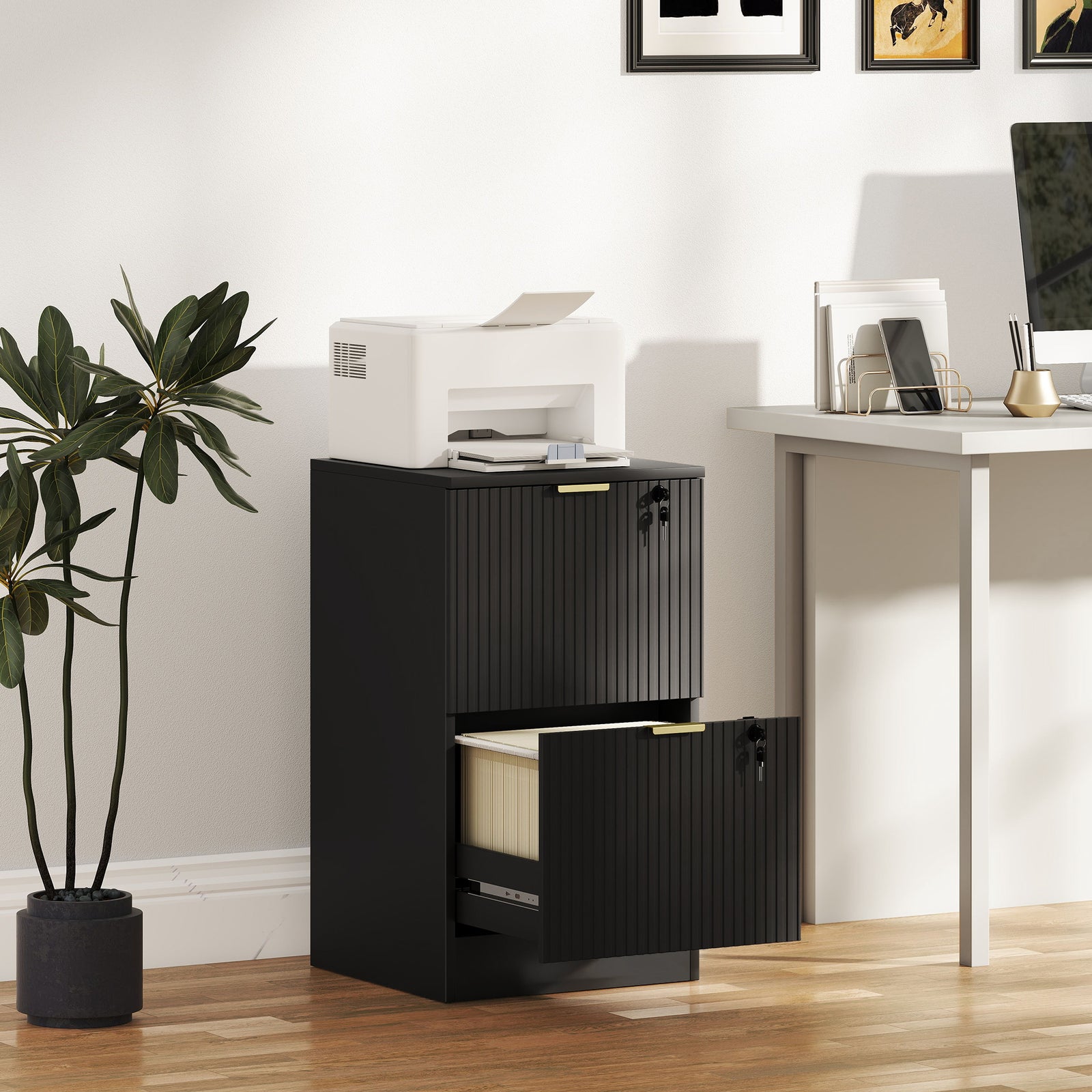 Filing Cabinet, Fluted Vertical File Cabinet with 2 Lockable Drawers a