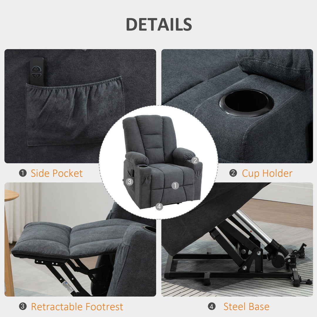 Oversized Riser and Recliner Chairs for the Elderly, Fabric Upholstered Lift Chair for Living Room with Remote Control, Side Pockets, Cup Holder, Charcoal Grey