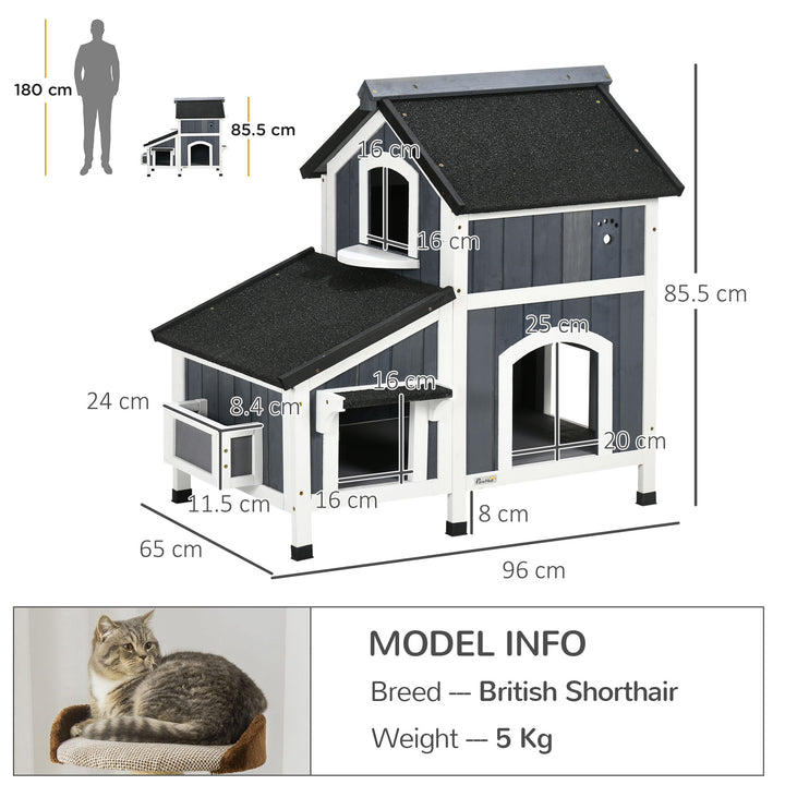 PawHut Wooden Cat House Outdoor with Flower Pot, 2 Tiers Cat Shelter with Window, Multiple Entrances, Water