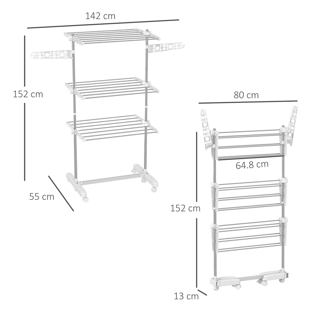 3-Tier Clothes Airer, Stainless Steel Foldable Clothes Drying Rack with Wheels and Wings, Indoor and Outdoor, Easy Assembly, 142 x 55 x 152cm, White