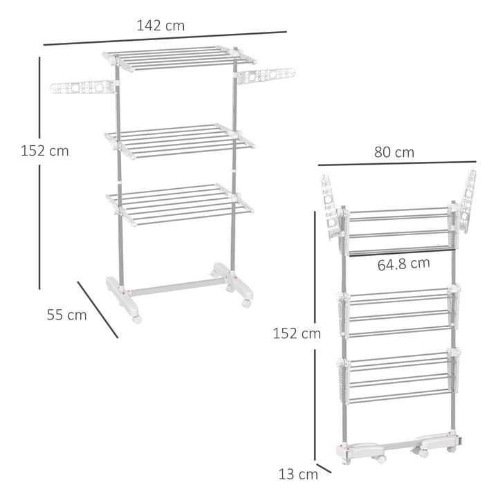 3-Tier Clothes Airer, Stainless Steel Foldable Clothes Drying Rack with Wheels and Wings, Indoor and Outdoor, Easy Assembly, 142 x 55 x 152cm, White