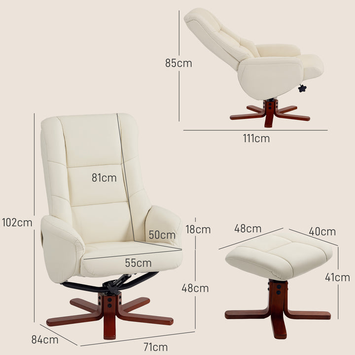 HOMCOM Rocking Recliner Chair with Footstool, PU Leather Recliner Armchair with Wood Base, Upholstered Reclining Chair for Living Room Bedroom, Cream