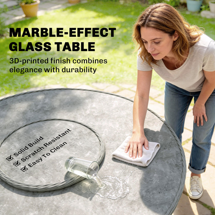 Rattan Garden Dining Set with Turntable, Marble Effect Glass Round Gar