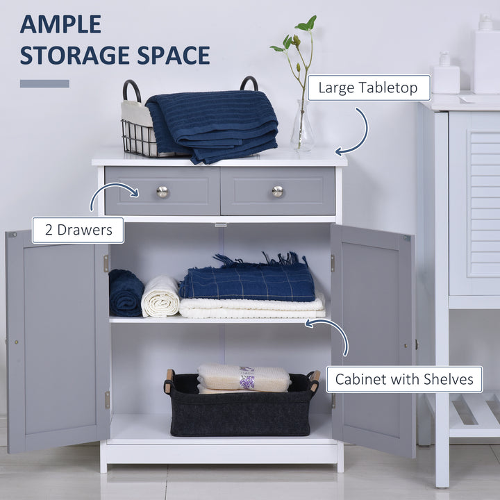 75x60cm Freestanding Bathroom Storage Cabinet Unit w/ 2 Drawers Cupboard Adjustable Shelf Metal Handles Traditional Style Grey White