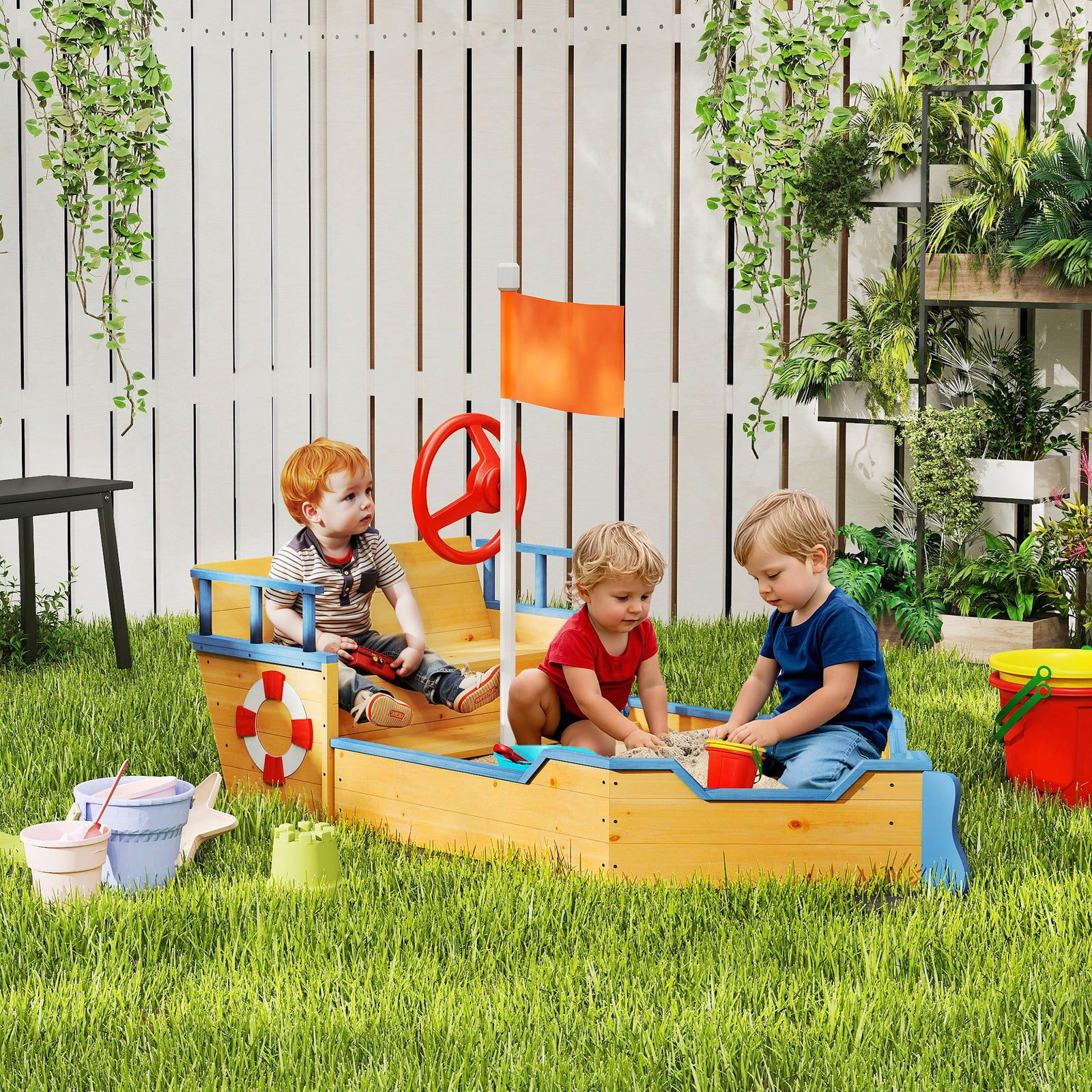 Sand pit Kids Children Sandpit Wooden Pirate Ship Sandboat Outdoor Backyard Playset w/Bench Bottom Liner