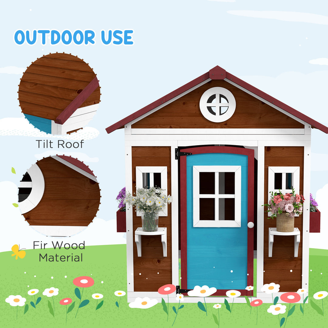 Wooden Playhouse with Doors, Windows, Plant Pots, Boxes, for 3-8 Years - Dark Brown