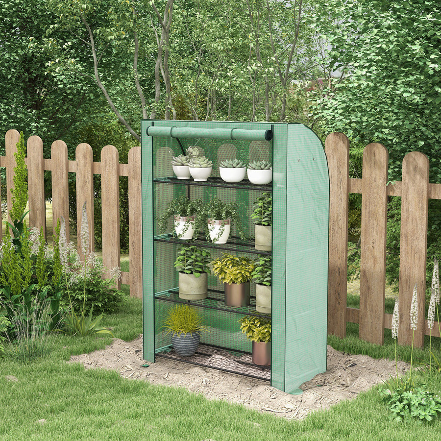 4 Tier Mini Greenhouse with Reinforced PE Cover, Portable Indoor Outdoor Green House with Roll-up Door and Wire Shelves, 170H x 120W x 50Dcm, Green
