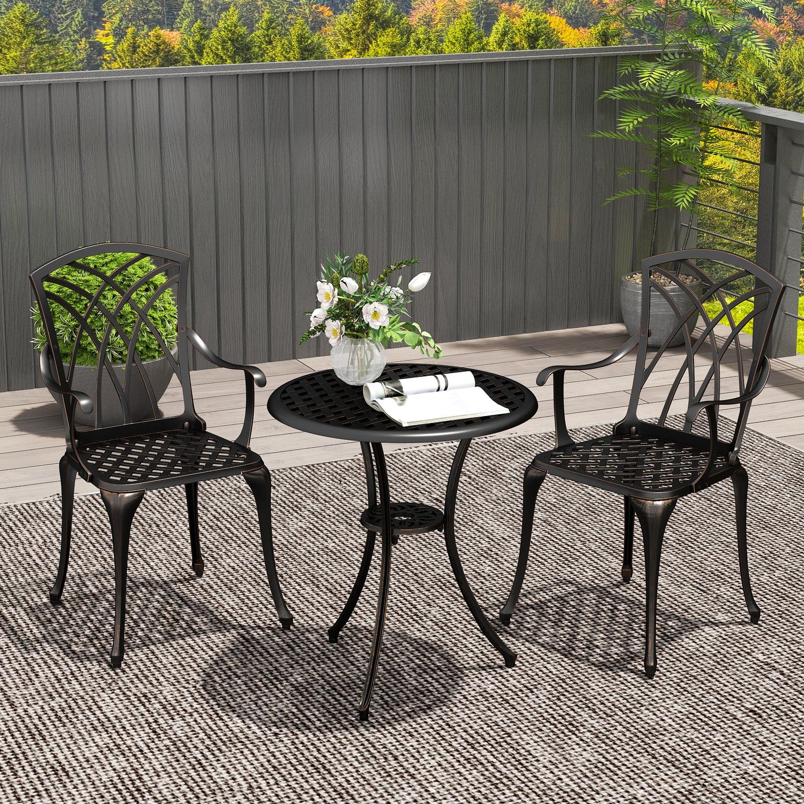 3 Pieces Garden Dining Set for 2, Cast Aluminium Outdoor Dining Set with 2 Armchairs and Round Dining Table with Parasol Hole, Garden Furniture Set, Bronze Tone