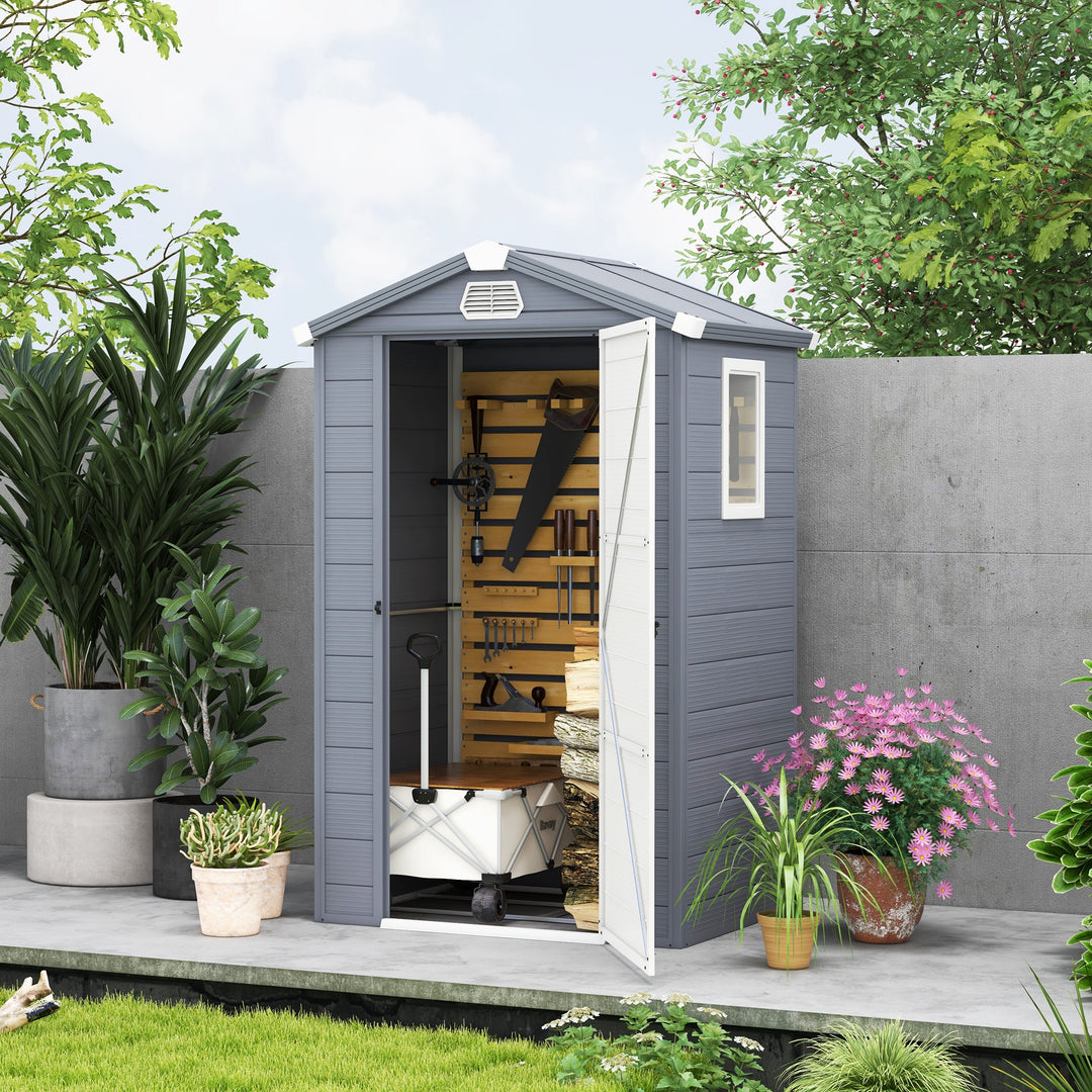 Outsunny 4 x 3ft Garden Shed with Foundation Kit, Polypropylene Outdoor Storage Tool House with Ventilation Slots and Lockable Door, Grey | Aosom UK