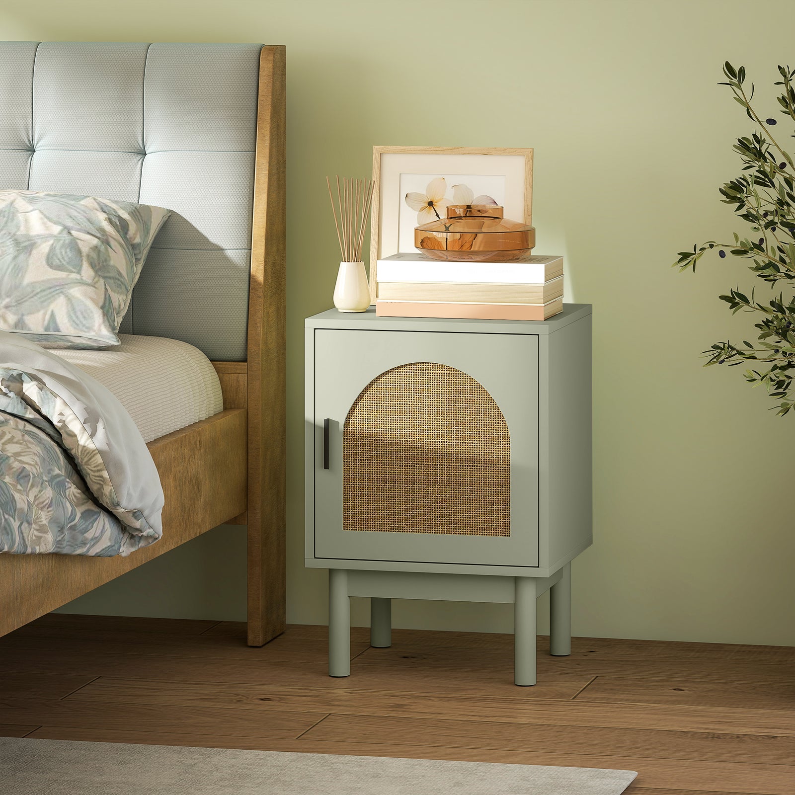 Rattan Bedside Table for Bedroom - Light Green