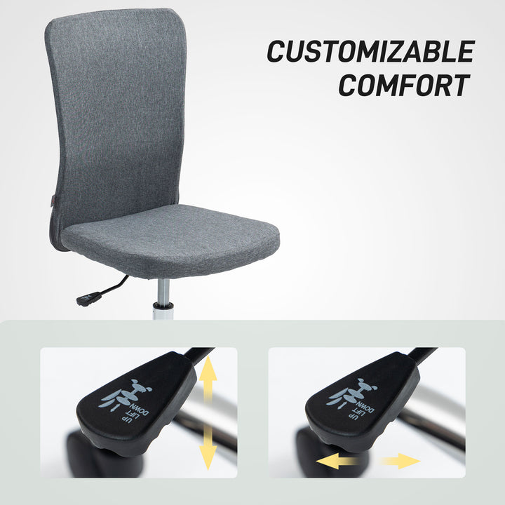 Armless Computer Desk Chair, Fabric Swivel Office Chair, Makeup Vanity Chair with Height Adjustable, Wheels, for Home Study Bedroom, Grey
