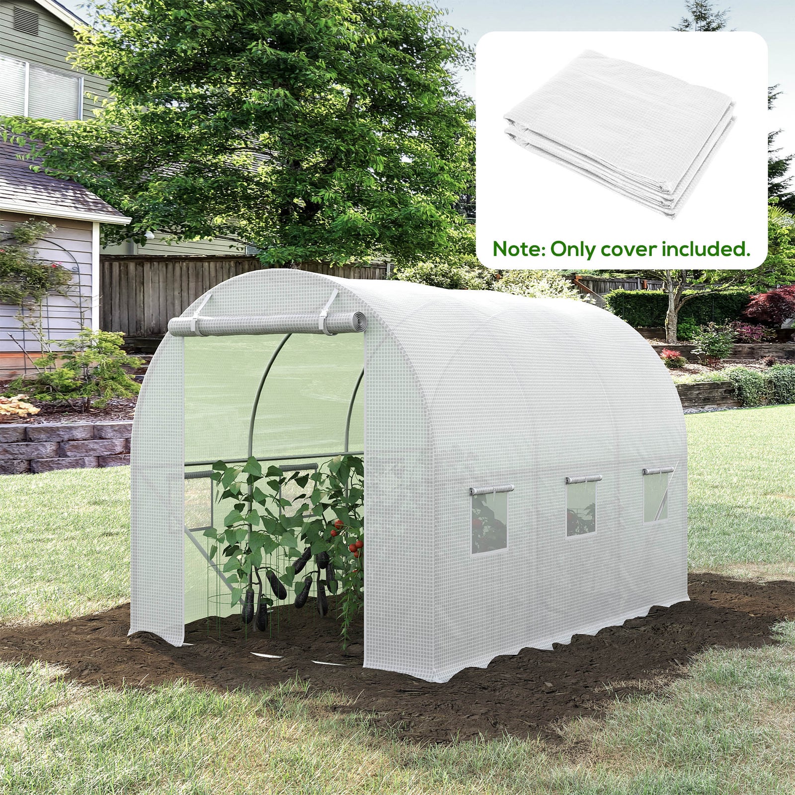 3 x 2 x 2m Greenhouse Replacement Cover ONLY Winter Garden Plant PE Cover for Tunnel Walk-in Greenhouse with Roll-up Windows Door Outdoor, White