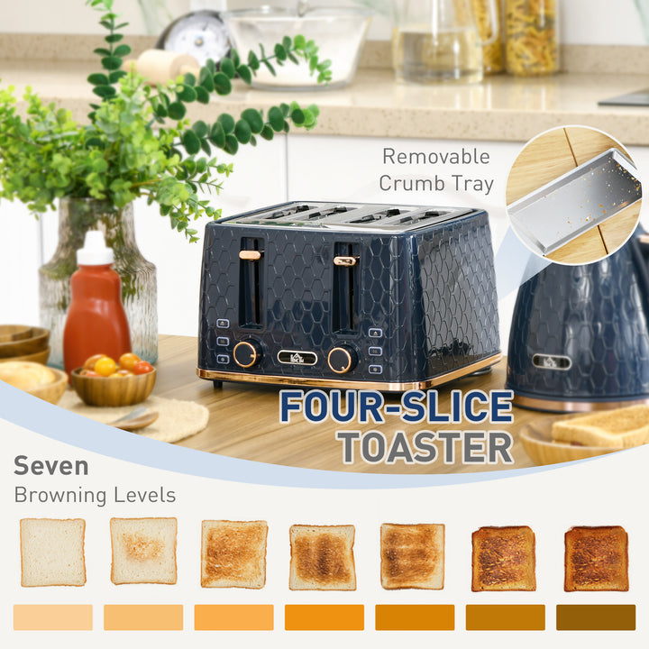 Kettle and Toaster Set, 1.7L 3000W Fast Boil Jug Kettle with Auto Shut Off, 4 Slice Toaster with 7 Level Browning Controls & Crumb Tray, UK Otter Thermostat, Blue