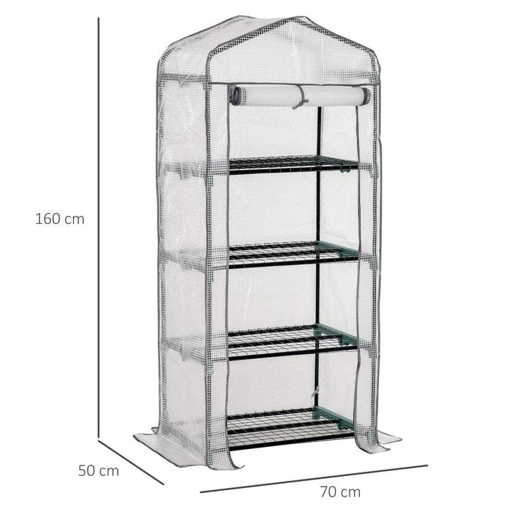 Outsunny Portable Mini Greenhouse, 4 Tier, Metal Frame with PE Cover, Plant Grow Shed, 160H x 70L x 50W cm, White.