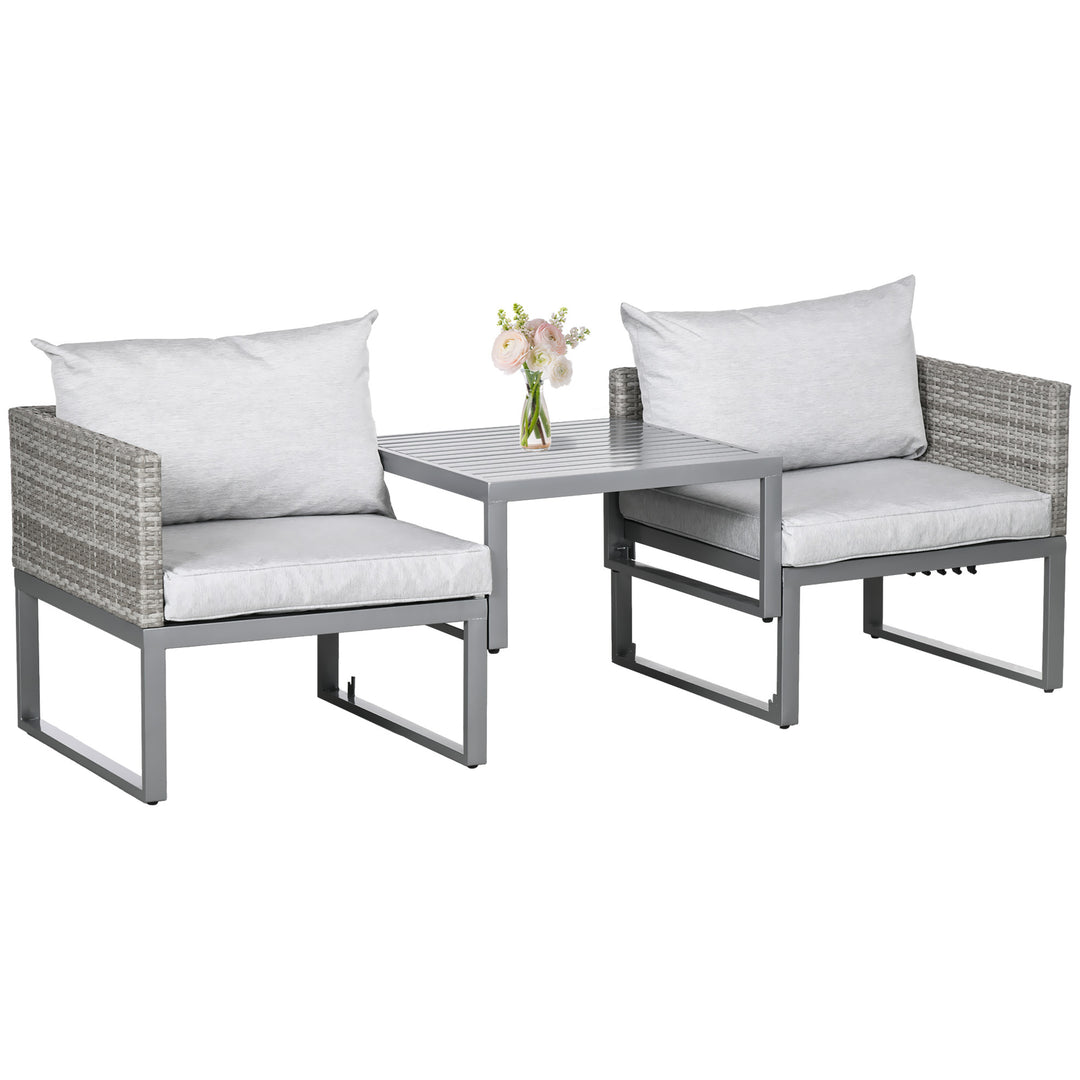 3-in-1 Rattan Bistro Set, Wicker Garden Furniture Set with 2-level Rising Table, Adjustable 3-seater Sofa Lounger with Washable Cushions for Outdoor, Patio, Balcony, Grey