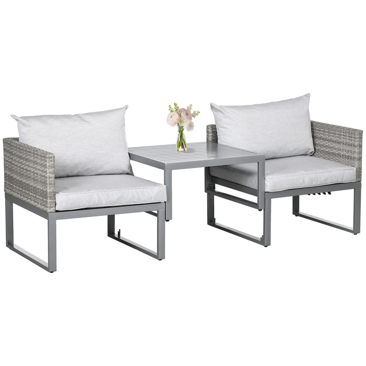 3-in-1 Rattan Bistro Set, Wicker Garden Furniture Set with 2-level Rising Table, Adjustable 3-seater Sofa Lounger with Washable Cushions for Outdoor, Patio, Balcony, Grey
