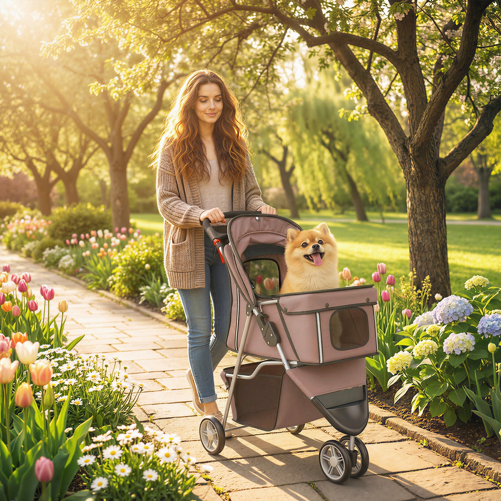 Dog Stroller, 3 Wheels Foldable Pet Stroller with Adjustable Canopy, S