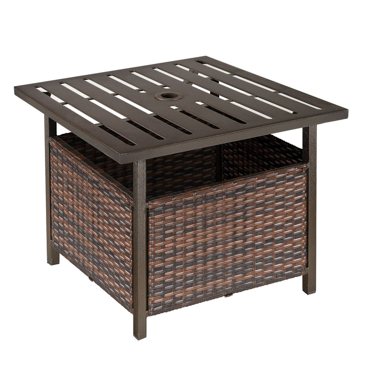 MCL Rattan Garden Coffee Table, 55.5 cm Square Wicker Patio Side Coffee Table with 4 cm Umbrella Hole, Metal Bottom and Slatted Top for Outdoor, Balcony, Brown