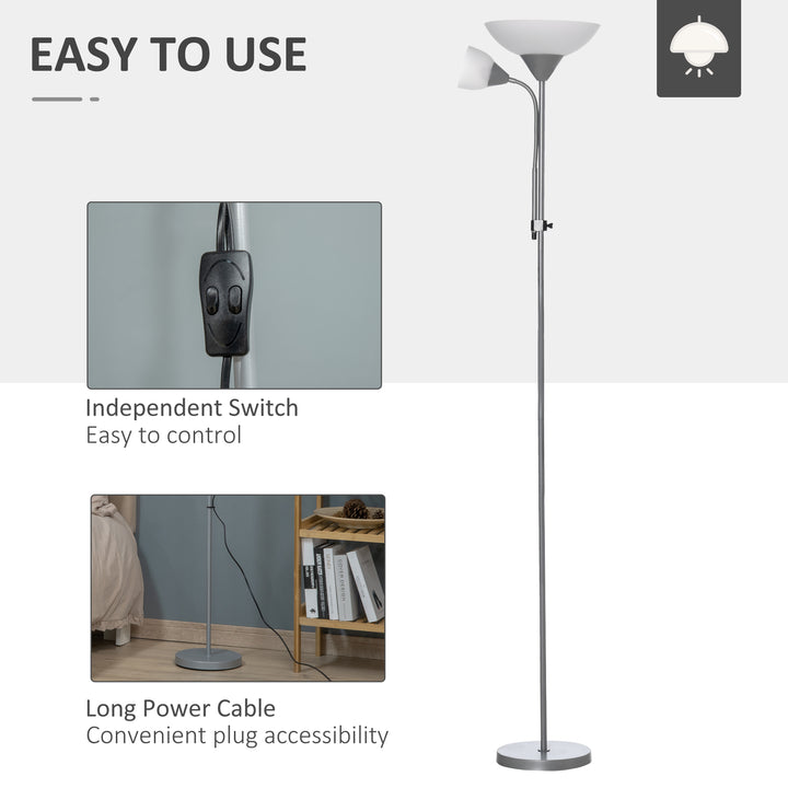 LED Floor Lamp for Living Room, 180cm Tall Standing Lamp, Mother and Child Uplighter with Adjustable Gooseneck, Silver Tone