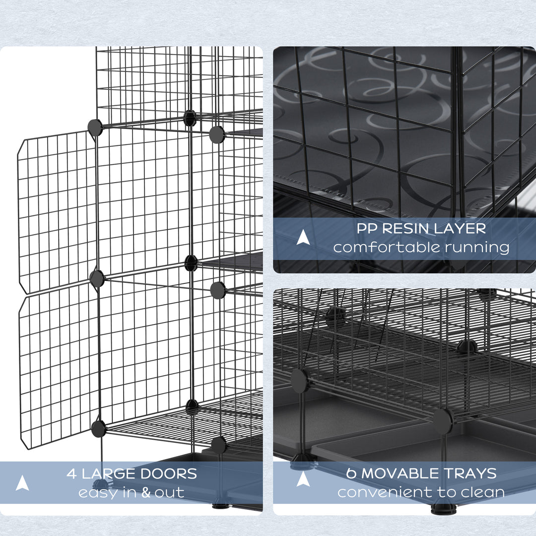 3 Level DIY Pet Playpen Metal Small Animal Cage Rabbit Ferret Chinchillas Cage 4 Doors Bottom Trays Black