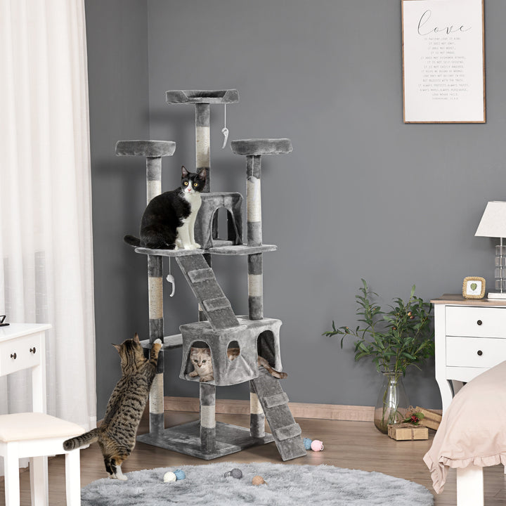 PawHut Cat Tree for Indoor Cats Kitten Kitty Scratching Scratcher Post Climbing Tower Activity Centre House Grey | Aosom UK