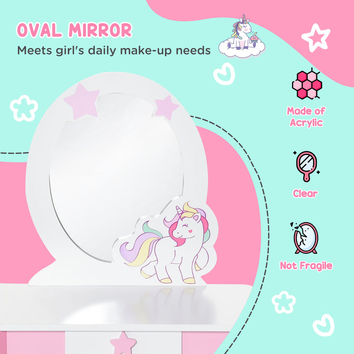 HOMCOM Kids Dressing Table, Girls Dressing Table w/ Mirror & Stool, Unicorn  Play Toy for Age 3-6 Years, Acrylic Mirror, Pink & White | Aosom UK