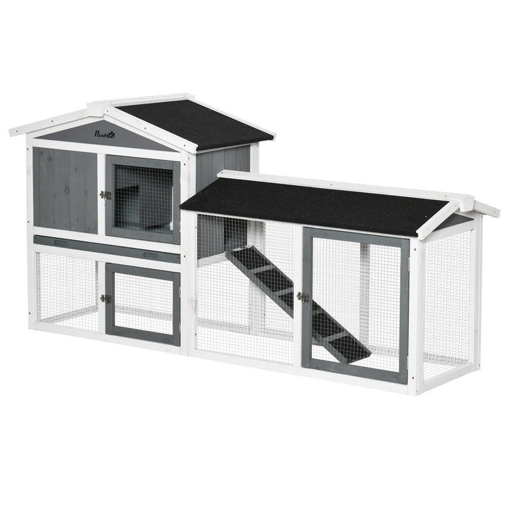 Rabbit Hutch Outdoor, 2-Tier Guinea Pig Hutch, Wooden Small Animal House with Rabbit Run Box, Slide-out Tray, Ramp, 175.8 x 52 x 85.5 cm, White