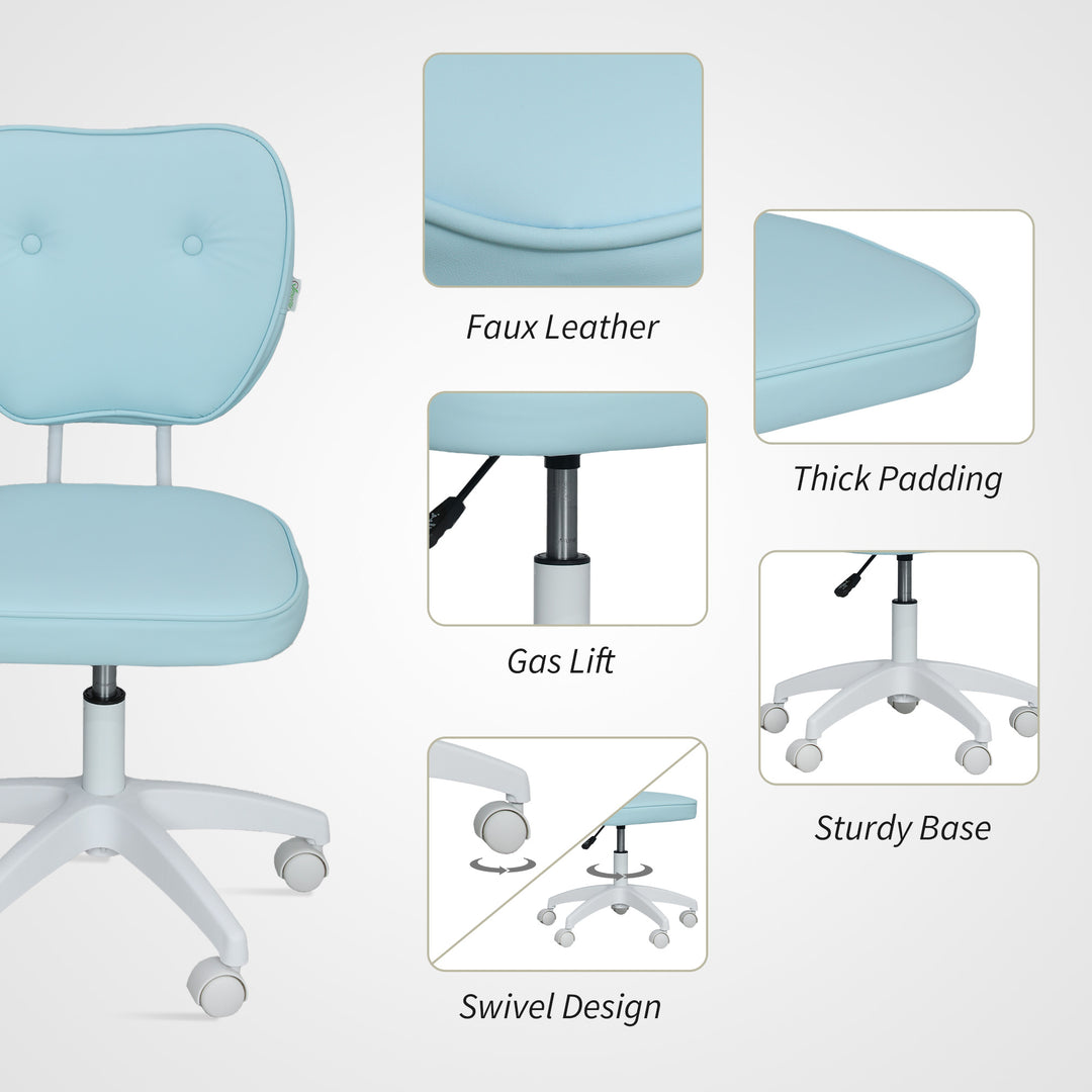Vanity Office Chair, PU Leather Computer Chair for Home, with Adjustable Height, Armless, Swivel Wheels, Blue
