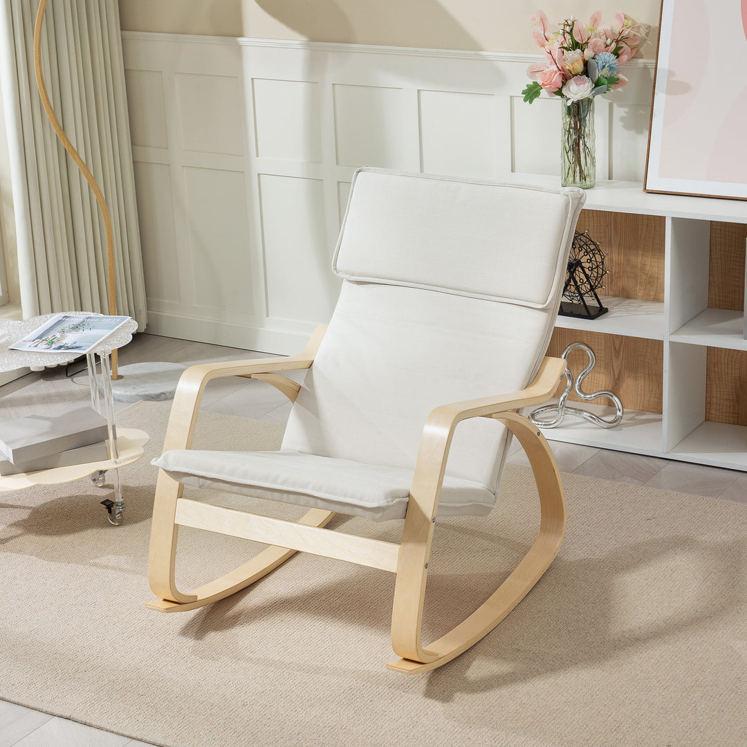 Comfortable Relax Rocking Chair, Upholstered Lounge Chair Recliner with High Back and Headrest for Living Room, Bedroom, Cream White