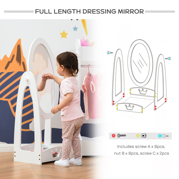 Free Standing Full Length Mirror, Child's Dressing Mirror with storage shelf, Children's White Bedroom Furniture 360° Rotation MDF, For 3- 8 Years Old, 40L x 30W x 104H cm