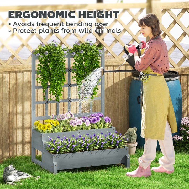 2-Tier Raised Garden Bed with Trellis, Wooden Elevated Planter Box with Drainage Holes, Outdoor Raised Planter for Climbing Plants, Fruits, Vegetables, Flowers, Grey
