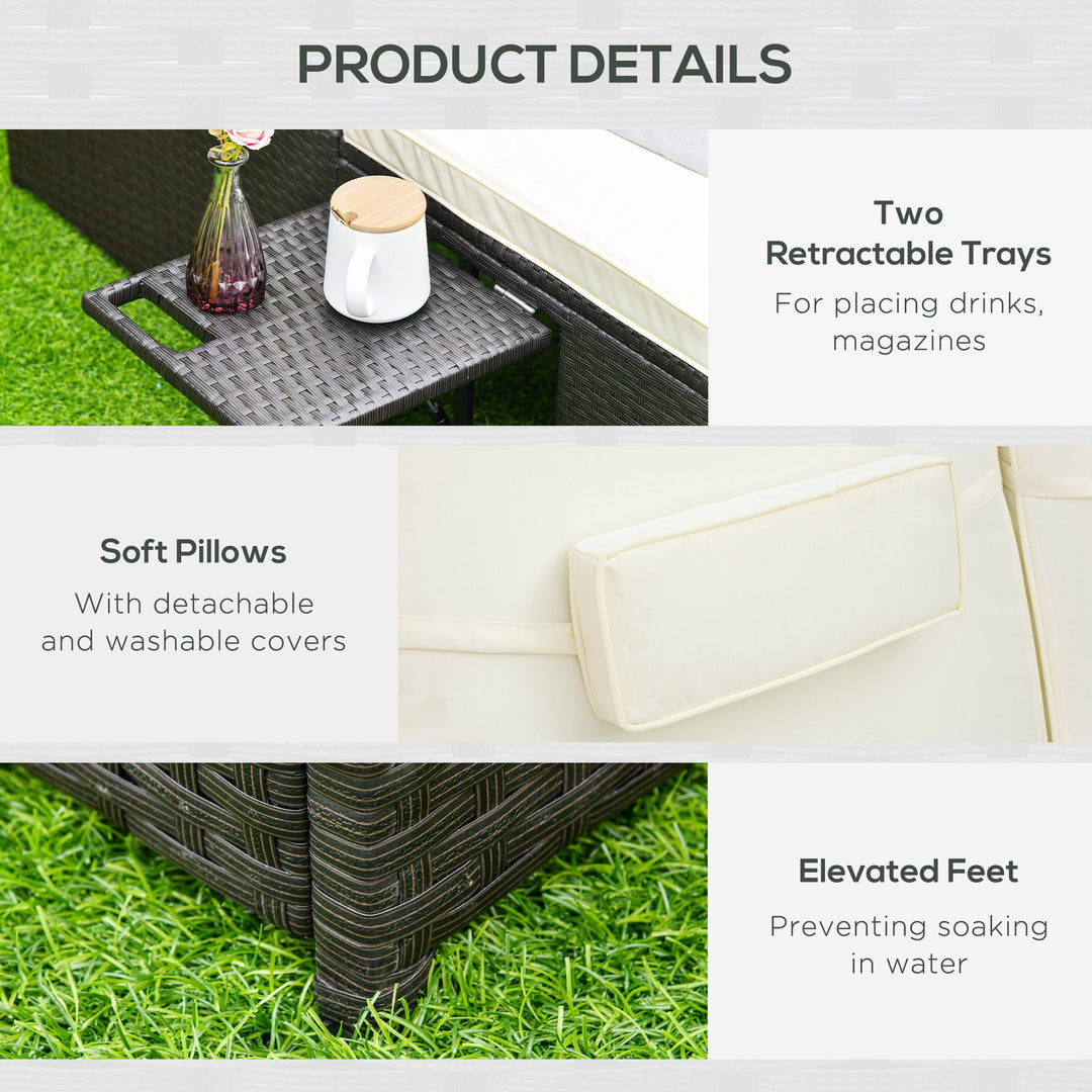 MCL Double Rattan Sun Lounger, Garden Daybed with 5-Level Adjustable Backrest and Flip Side Trays, Wicker Outdoor Furniture Recliner with Cushions and Pillows for Patio, Cream White