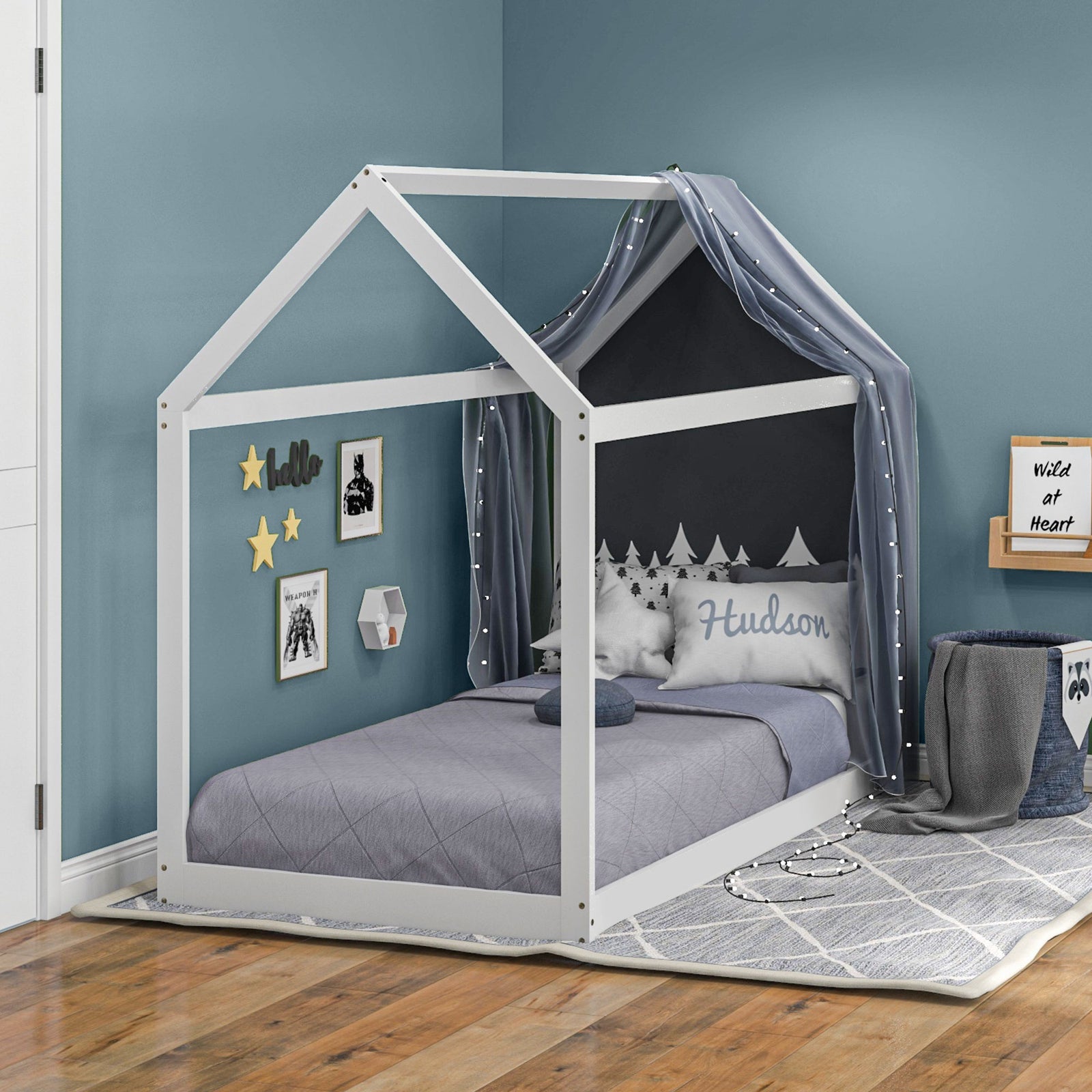 Single Bed Frame, House Scandinavian Style Wooden Bed Frame for 90W x 190Dcm Mattress, Pine Wood Bed Base, White