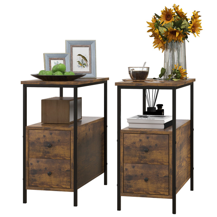 HOMCOM Set of 2 Side Table, Narrow Bedside Table with 2 Drawers and Storage Shelf, Industrial End Table with Metal Frame for Small Spaces, Rustic Brown | Aosom UK