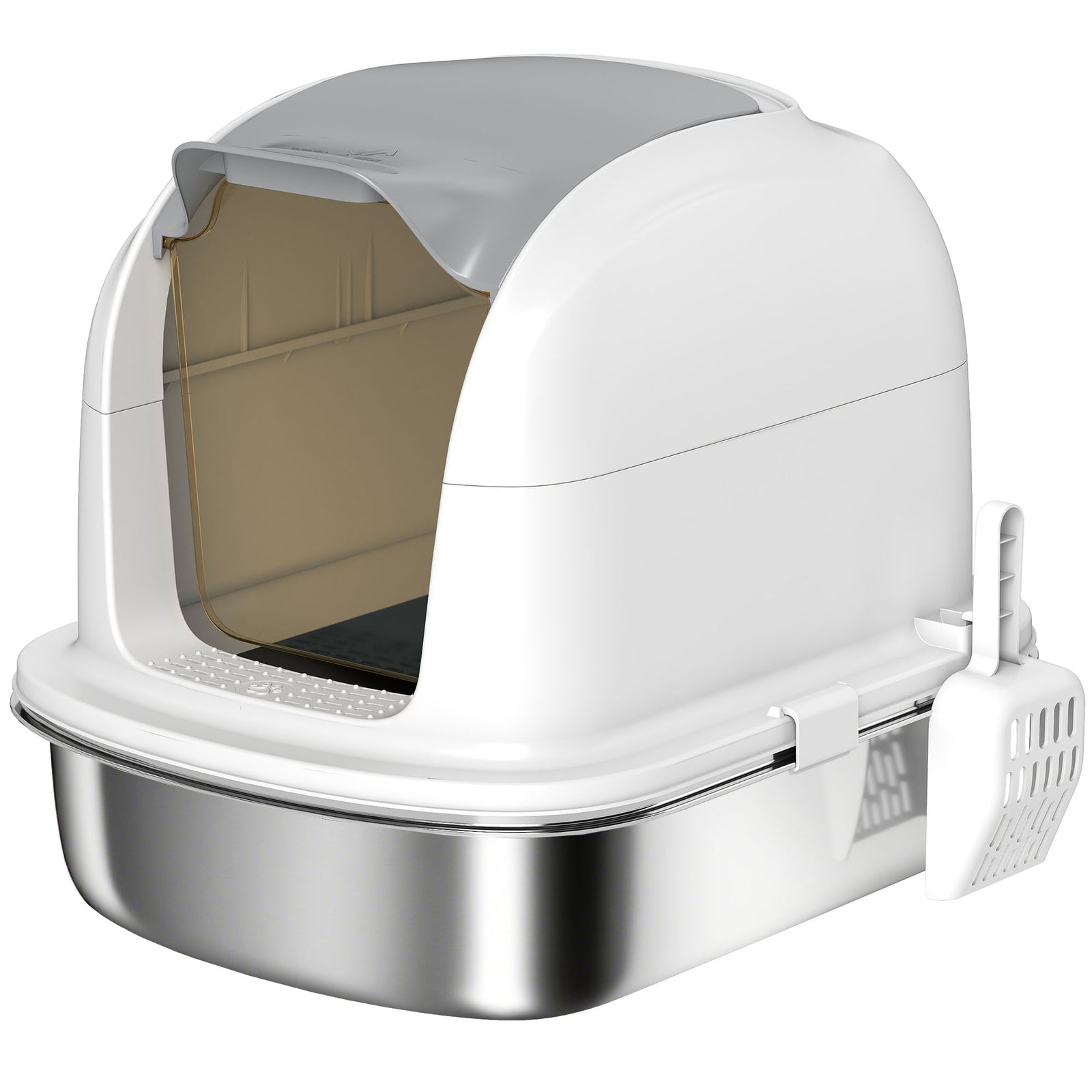 Stainless Steel Cat Litter Box with Lid, for Cats, Enclosed Cat Litter Box with Flip Cover, Scoop