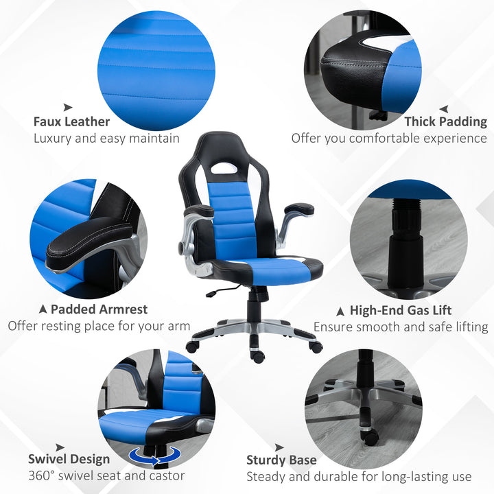 Computer Gaming Chair, Office Desk Swivel Chair, PU Leather Racing Chair with 90° Flip-up Armrest, Adjustable Height and Rolling Wheels, Blue