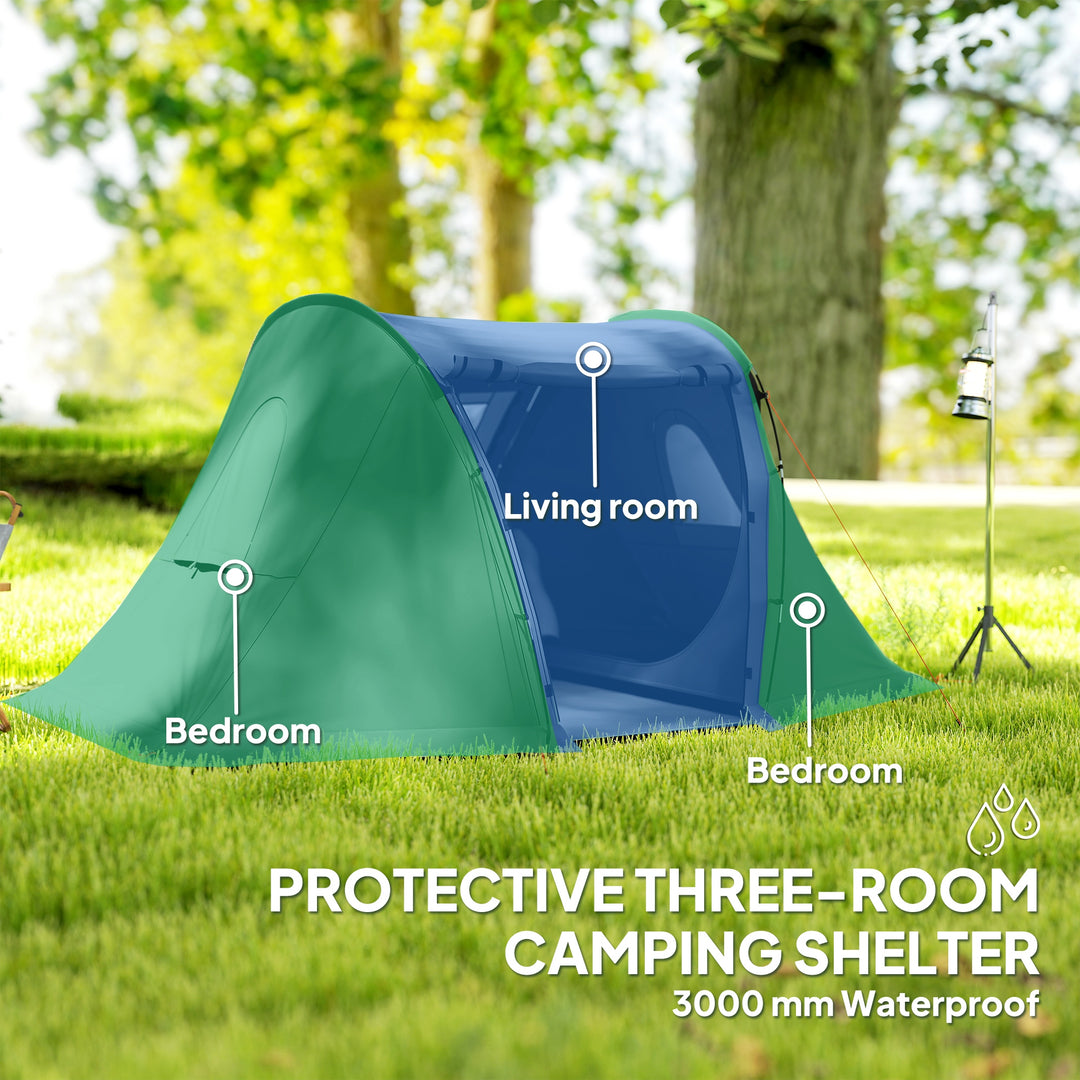 3 Man Camping Tent with Living Area and 2 Bedrooms, 3000mm Waterproof Family Tent with Sewn-in Groundsheet, Portable Dome Tent with Bag for Hiking, Festival, Backpacking, Drak Grey