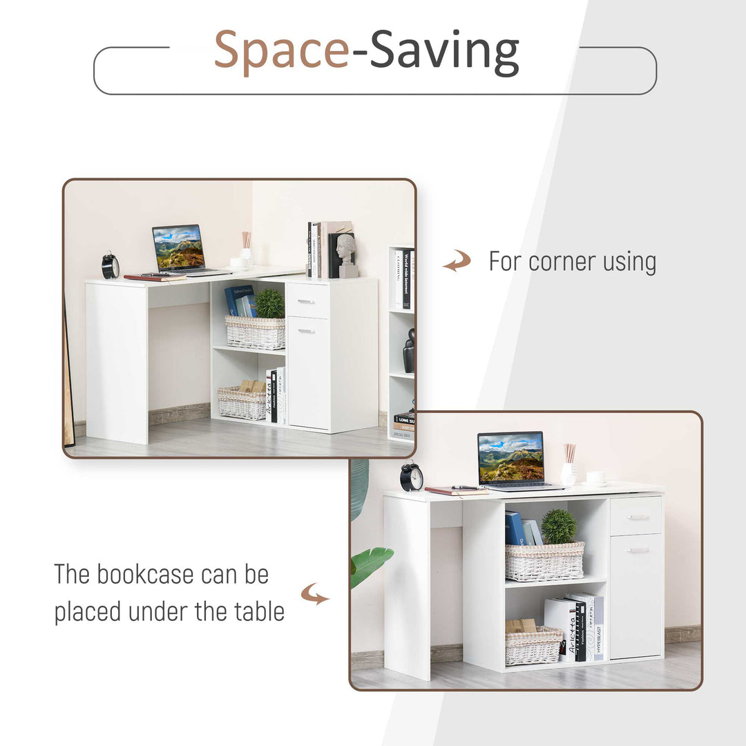 L-Shaped Desk, Corner Computer Desk, Adjustable Study Table with Storage Shelf, Drawer and Cabinet, Workstation for Home Office, White Wood Grain