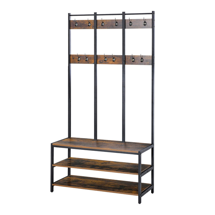 Coat Rack Stand, Free Standing Hall Tree, Coat Stand with Hooks, Bench and Shoe Rack, 100cm x 38.5cm x 185.5cm, Industrial Style, Rustic Brown and Black