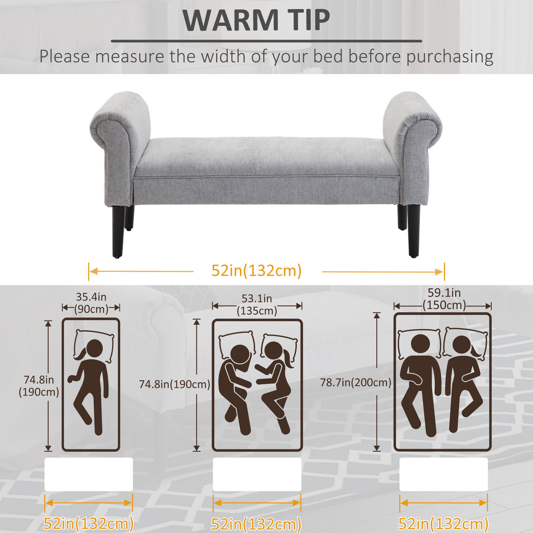 Bed End Bench, Window Seat, Linen Chaise Lounge Sofa with Arm and Wooden Legs for Bedroom, Living Room, Grey