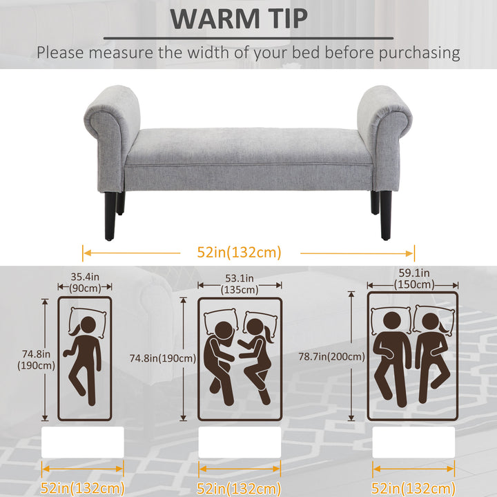 Bed End Bench, Window Seat, Linen Chaise Lounge Sofa with Arm and Wooden Legs for Bedroom, Living Room, Grey