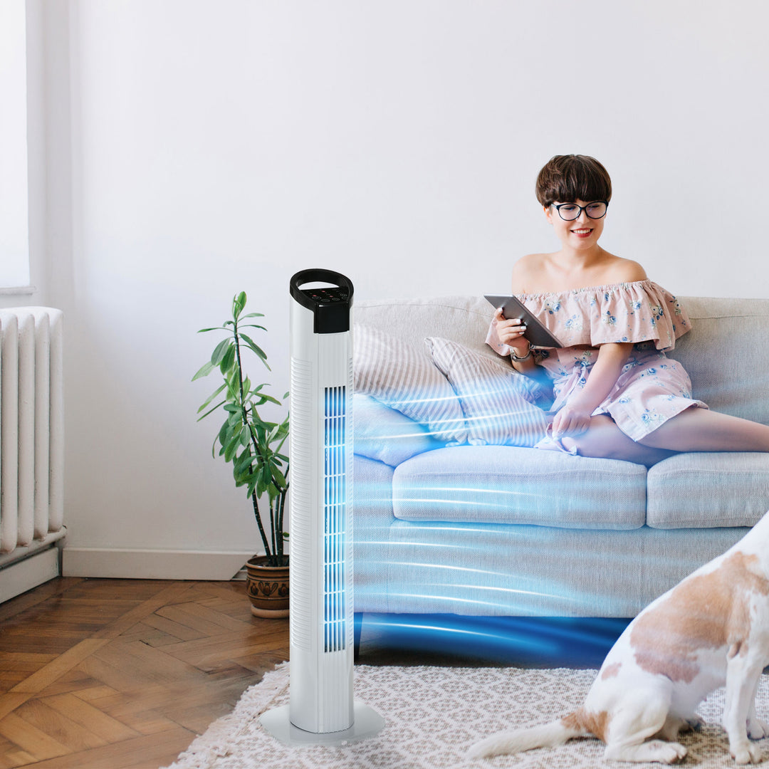 MCL 31" Freestanding Tower Fan, 3 Speed 3 Mode, 7.5H Timer, Oscillating, LED Panel, Remote Control, 31 Inch Standing Fan, White