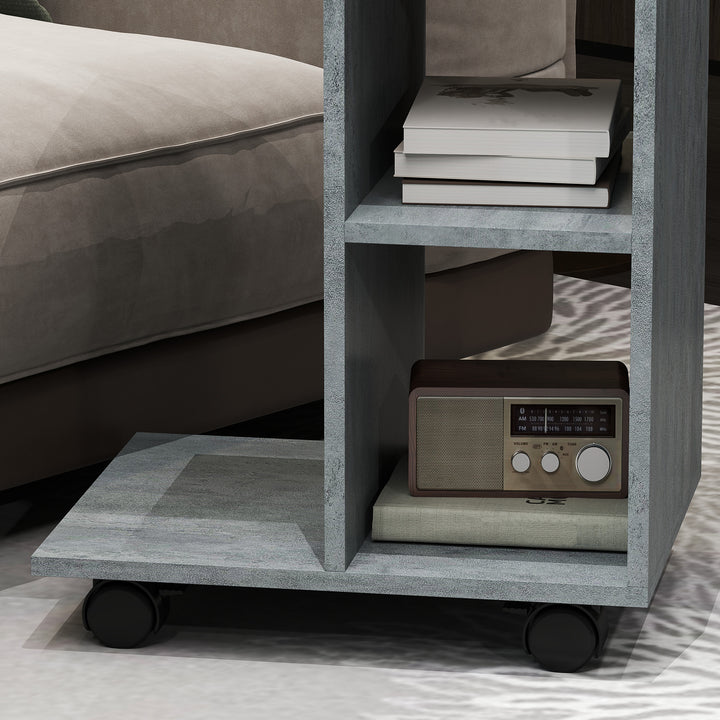 C-Shape End Table Unique Storage Unit w/ 2 Shelves 4 Wheels Freestanding Home Office Furniture Cabinet Square Studio Grey