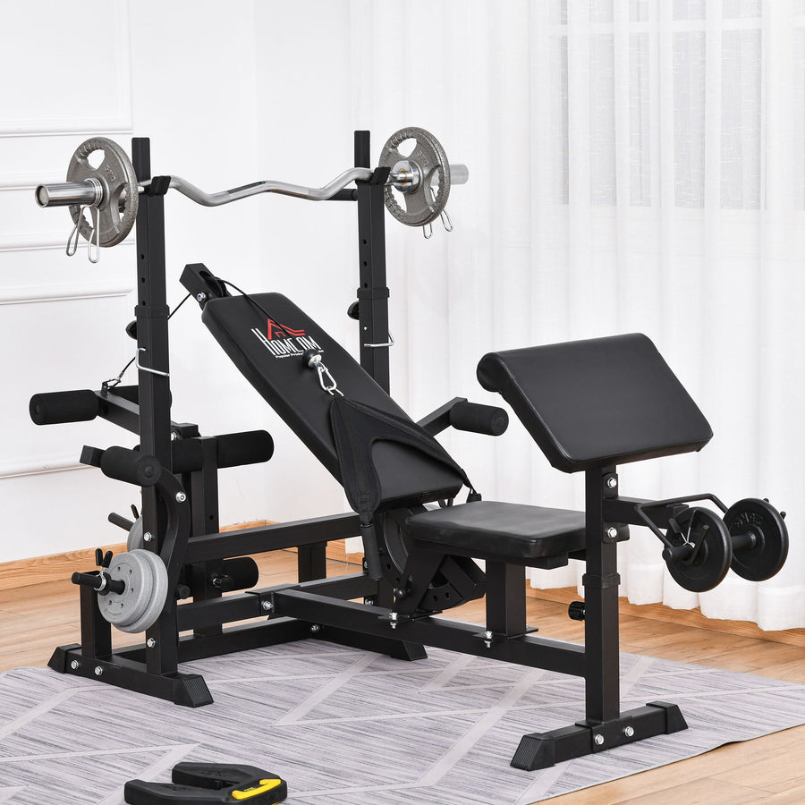 Weight Bench, 6 in 1 Adjustable Bench Press with Leg Extension, Barbell Rack, Preacher Curl Pad, Resistance Band, Multi-Function Home Gym Equipment for Strength Training Weightlifting